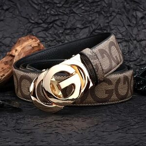 Elegant Brown Monogram Men's Belt with Gold Buckle